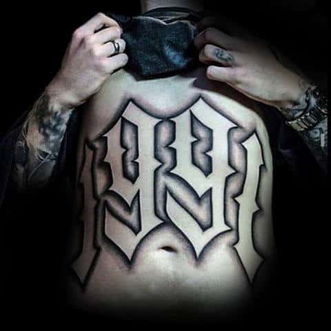 1991 Mens Numbers Stomach Tattoos