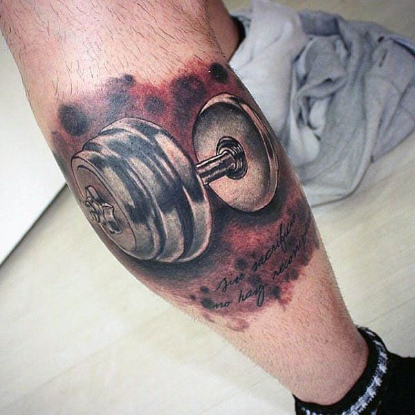 3 D Realistic Silver Dumbbell Male Leg Tattoos