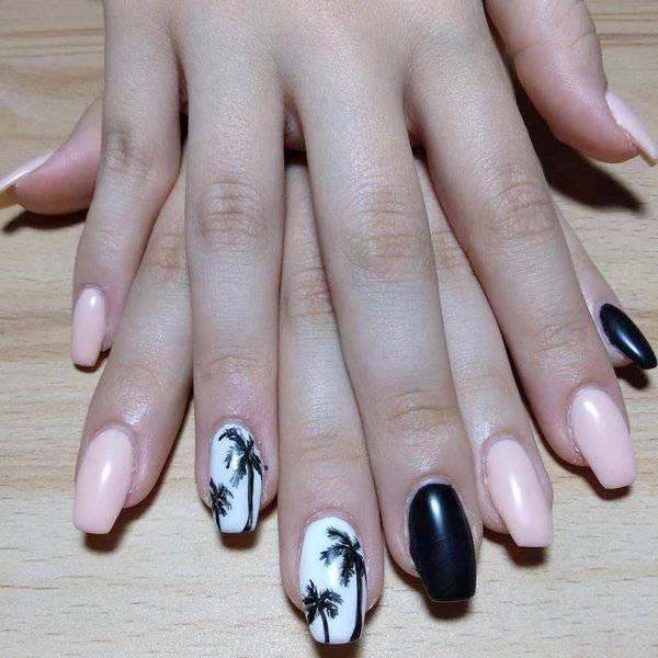 Pink and black palm tree nails