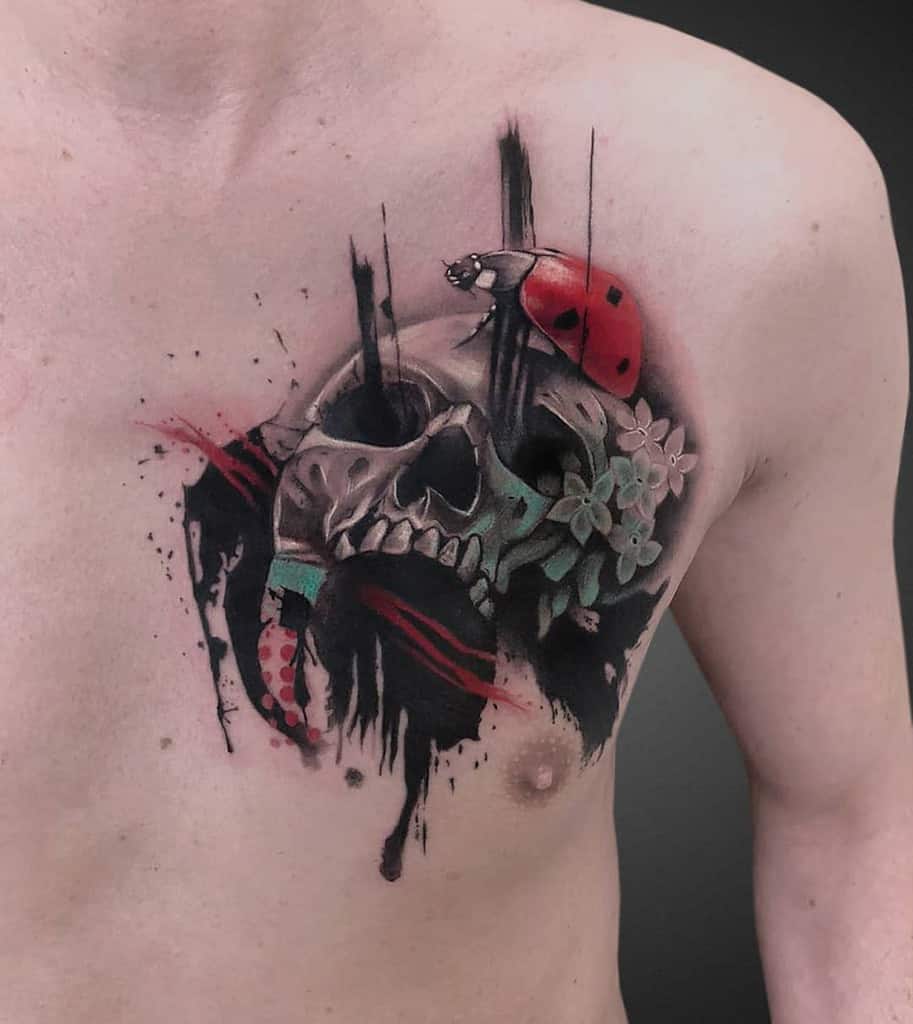 3D Skull Ladybug Tattoo chest badass