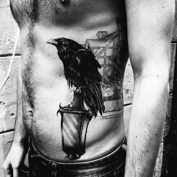 3D Black Raven On Lampost Tattoo Mens Torso