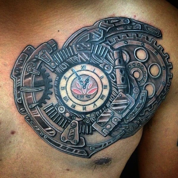 3D Clock Steampunk Tattoo Mens Chest