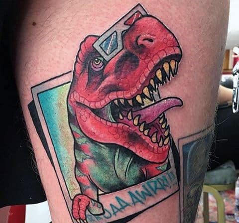 3D Dinosaur With 3D Glasses Tattoo Male Forearms