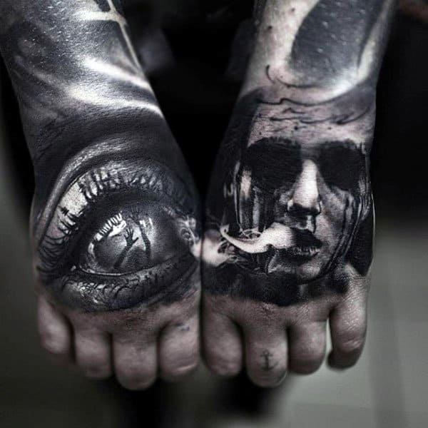 3D Eye And Scary Lady Face Tattoo Male Hands