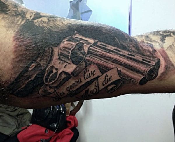3D Grey Pistol Tattoos With Quote On Arms For Men