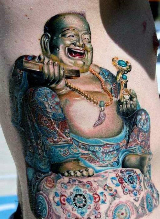 3D Laughing Buddha Tattoo On Torso For Men