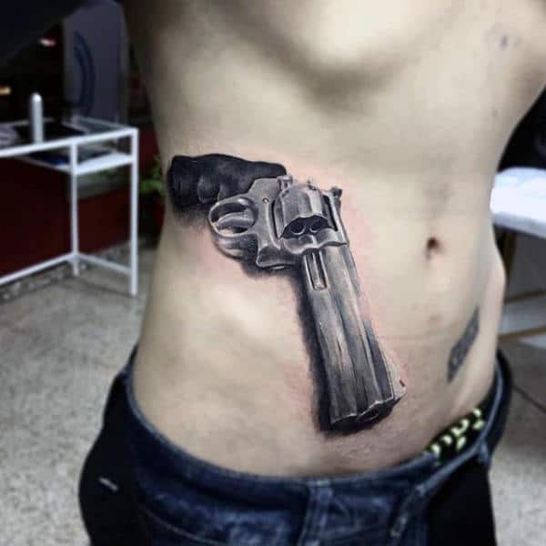 3D Lower Rib Cage Side Pistol Tattoos For Guys