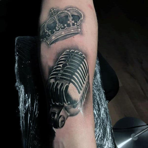 3D Microphone And Crown Tattoo Mens Forearm