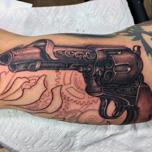 3D Old School Pistol Tattoos On Arms For Guys