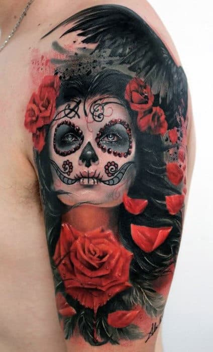 3D Red Roses And Dark Lady Day Of The Night Tattoo Mens Arms