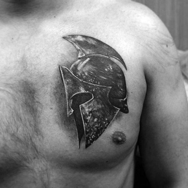 3D Samurai Warrior Helmet Tattoos For Men On Chest