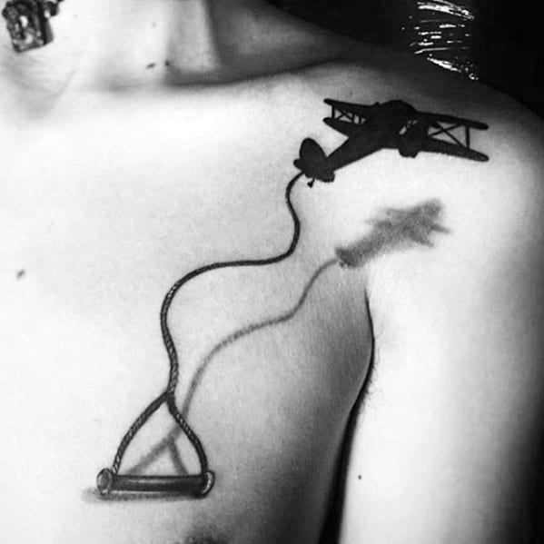 3d Airplane With Rope Handle Mens Chest Tattoo