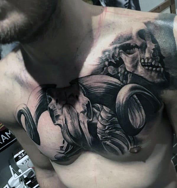 3d Animal Skull Guys Upper Chest Tattoo Design Ideas
