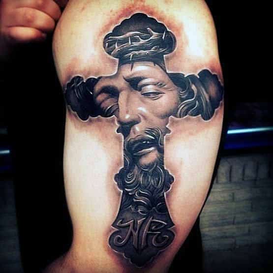 3d Arm Badass Mens Jesus Portrait Inside Cross Arm Tattoo Designs