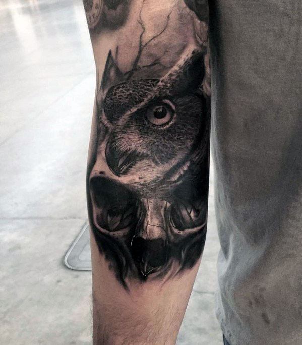 3d Arm Mens Owl Skull Tattoo Design Inspiration