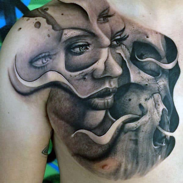 3d Awesome Female Portrait Skull Mens Chest Tattoos
