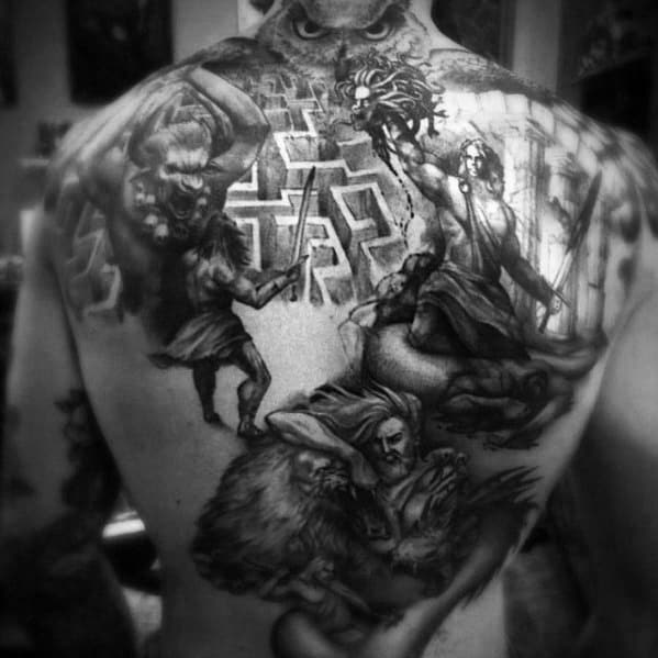 3d Back Mens Tattoo With Minotaur Design