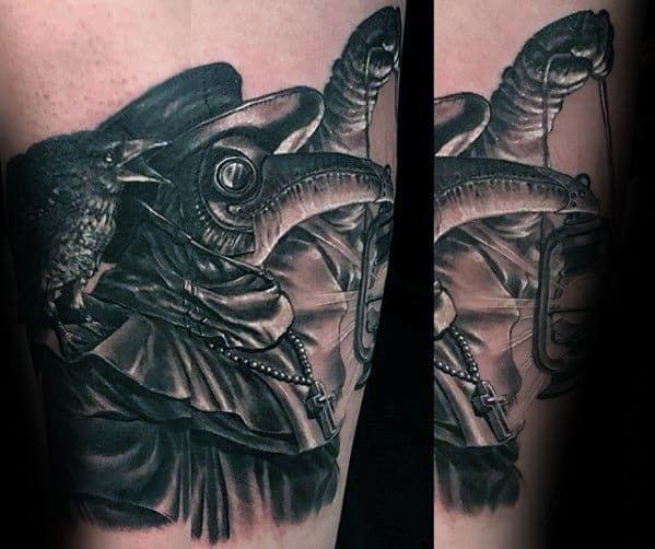 3d Black And White Ink Shaded Guy With Plague Doctor Tattoo Design