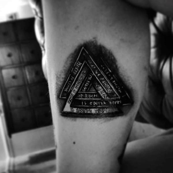 3d Black Ink Shaded Metallic Valknut Tattoo Design On Arm