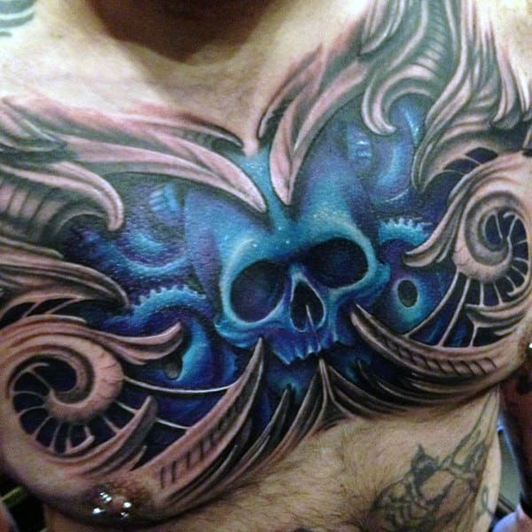 3d Blue Skull Mens Upper Chest Tatoto