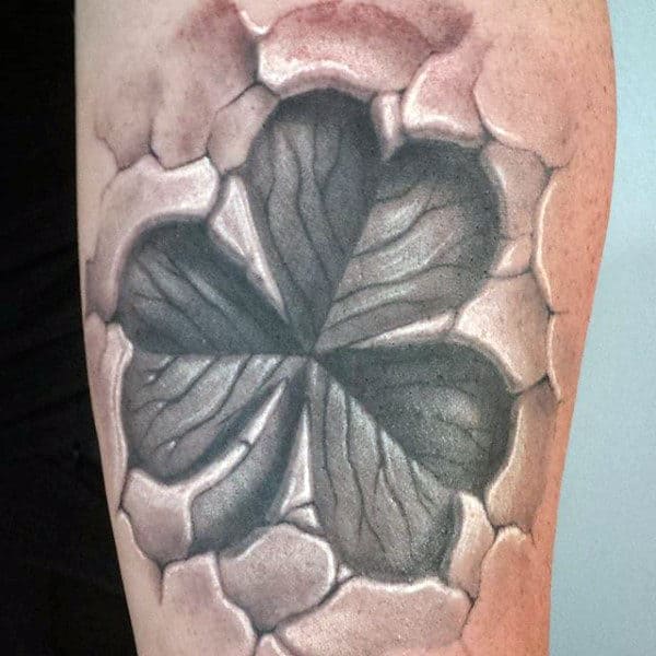 3d Broken Skin Tattoo Four Leaf Clover On Man