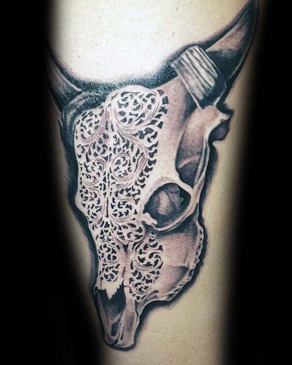 3d Carved Bull Skull Arm Tattoos For Guys