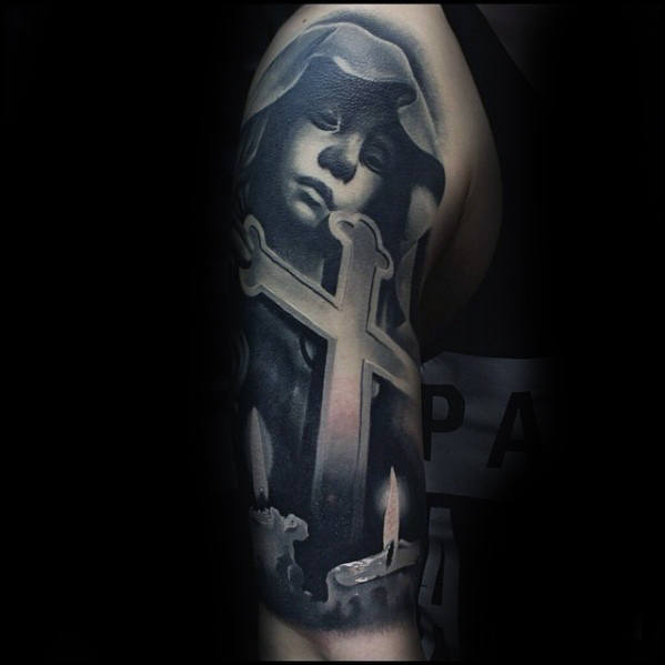 3d Catholic Mother Mary With Cross And Candles Guys Half Sleeve Tattoo