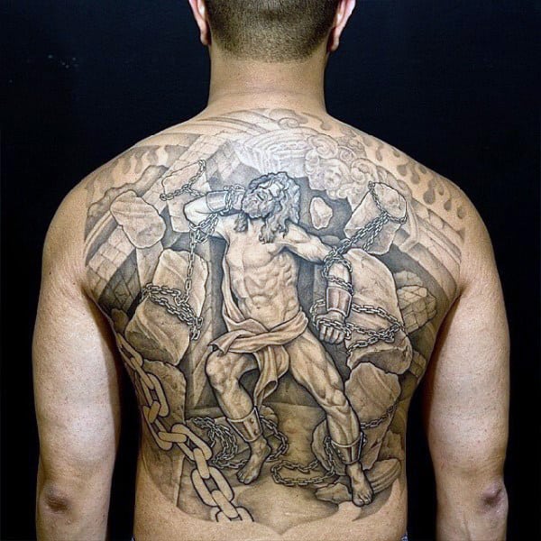 3d Chained Man Original Full Back Tattoo On Gentleman