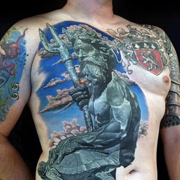 3d Chest Mens Tattoo Ideas With Trident Design