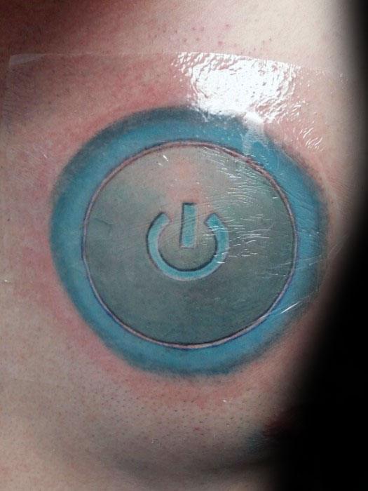 Power symbol tattoo design with a realistic 3D effect, shaded in grey and blue tones to mimic a glowing power button.