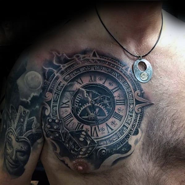 3d Clock With Gears Guys Upper Chest Tattoo Ideas