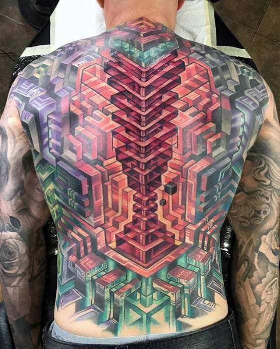 Man with an intricate geometric and colorful tattoo covering his entire back