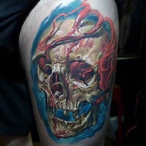 3d Colorful Skull Mens Thigh Tattoo Ideas