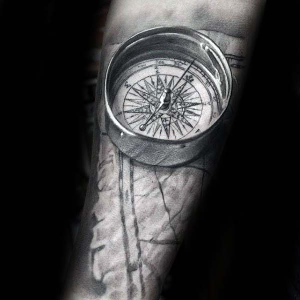 3d Compass Stone Badass Male Realistic Forearm Tattoos
