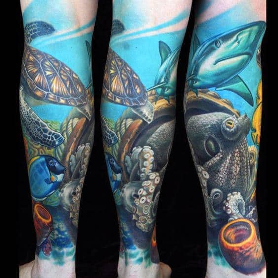 3d Coral Reef Ocean Leg Sleeve Tattoo Designs For Men