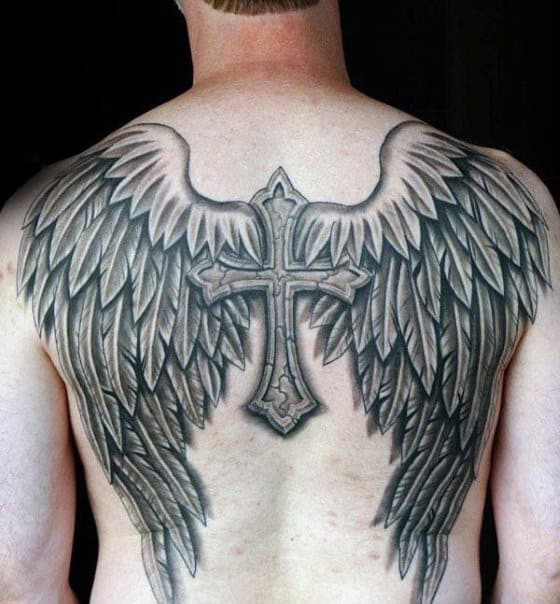 3d Cross Angel Wings Mens Back Tattoo