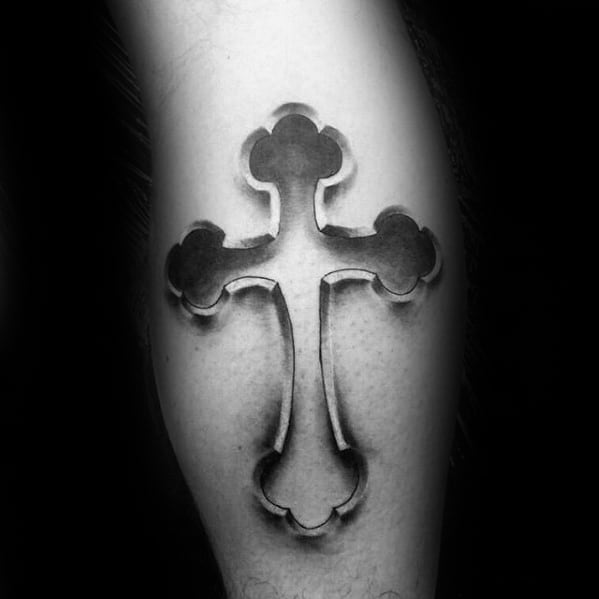 3d Cross Male Small Religious Tattoo On Legs