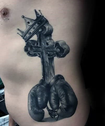 3d Cross With Boxing Gloves And Crown Rib Cage Side Tattoos For Guys