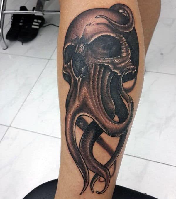 3d Cthulhu With Skull Mens Lower Leg Tattoo Deisgns
