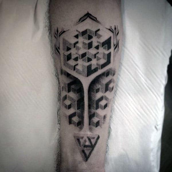 3d Cube Pointillism Mens Inner Forearm Tattoo Ideas