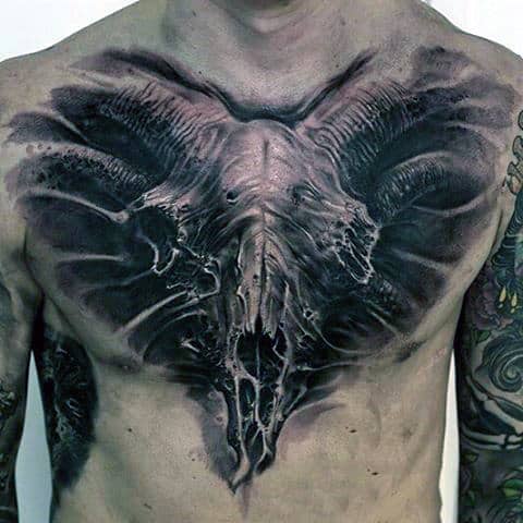 3d Decayed Goat Skull Mens Upper Chest Tattoo