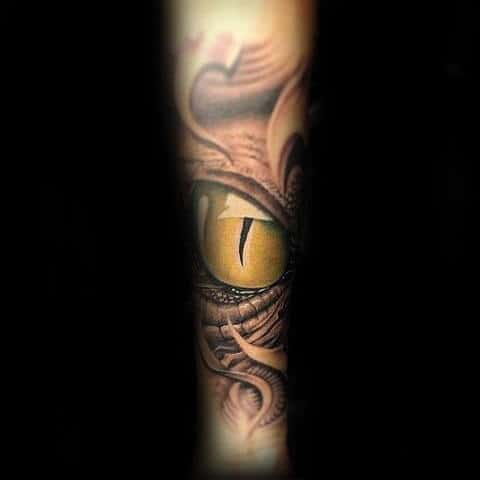 A tattoo of a detailed dragon eye with scales surrounding it