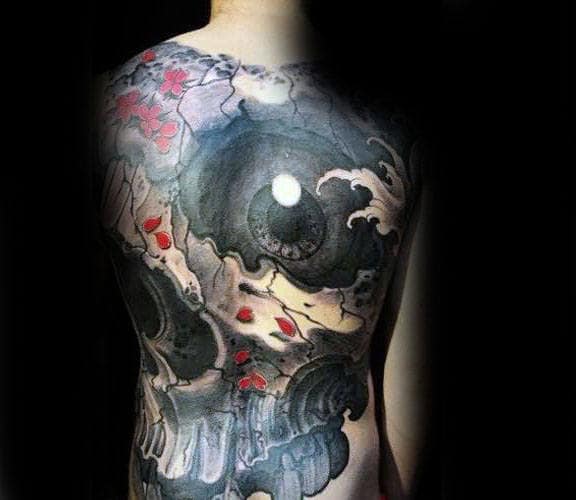 3d Eye Japanese Skull Mens Full Back Tattoo Ideas
