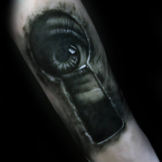 3d Eye Looking Through Keyhole Mens Forearm Tattoo Design Inspiration