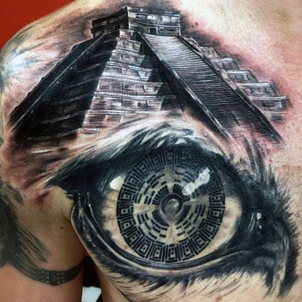 3d Eye With Aztec Pyramid Mens Chest Tattoo Designs