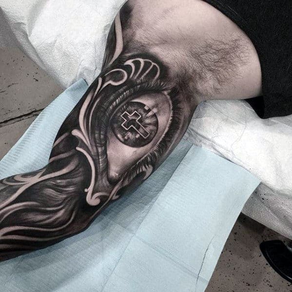 3d Eye With Cross Mens Badass Inner Arm Sleeve Tattoo Ideas