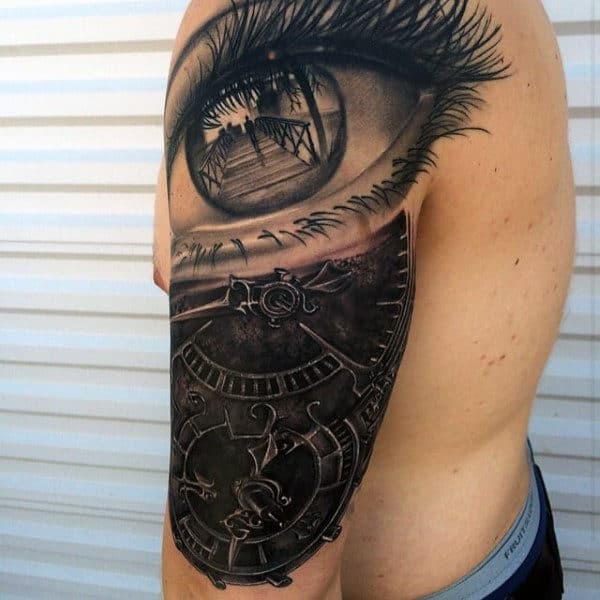 3d Eye With Mechanical Gears Mens Detailed Half Sleeve Tattoo