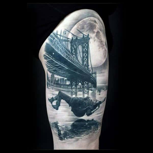3d Falling Person With Bridge And Moon Sky Guys Half Sleeve Tattoo