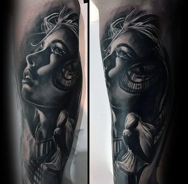 3d Female Portrait Leg Sleeve Mens Tattoo With Morph Design