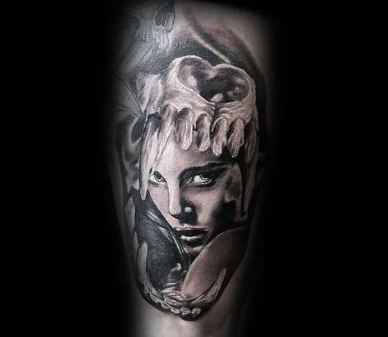 3d Female Portrait Lion Skull Male Thigh Tattoo